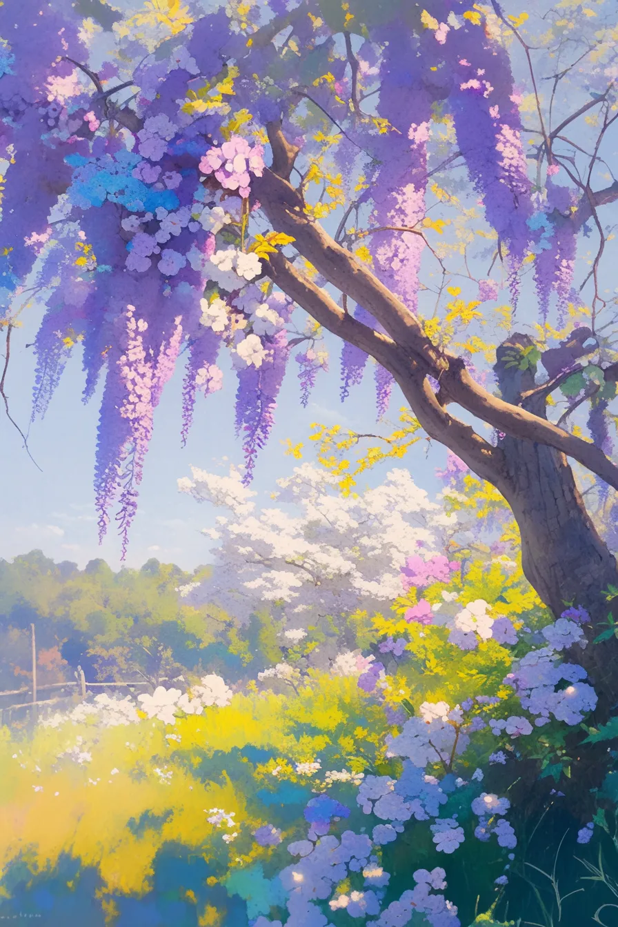 藤の花の絵と木の風景｜柔らかな筆致で描かれた藤の花の絵は、自然光を浴びた花々の鮮やかさを強調し、落ち着きのある風景表現としてビジネス写真素材に適しています。広告や季節感を伝えるデザインに活用しやすい印象です。