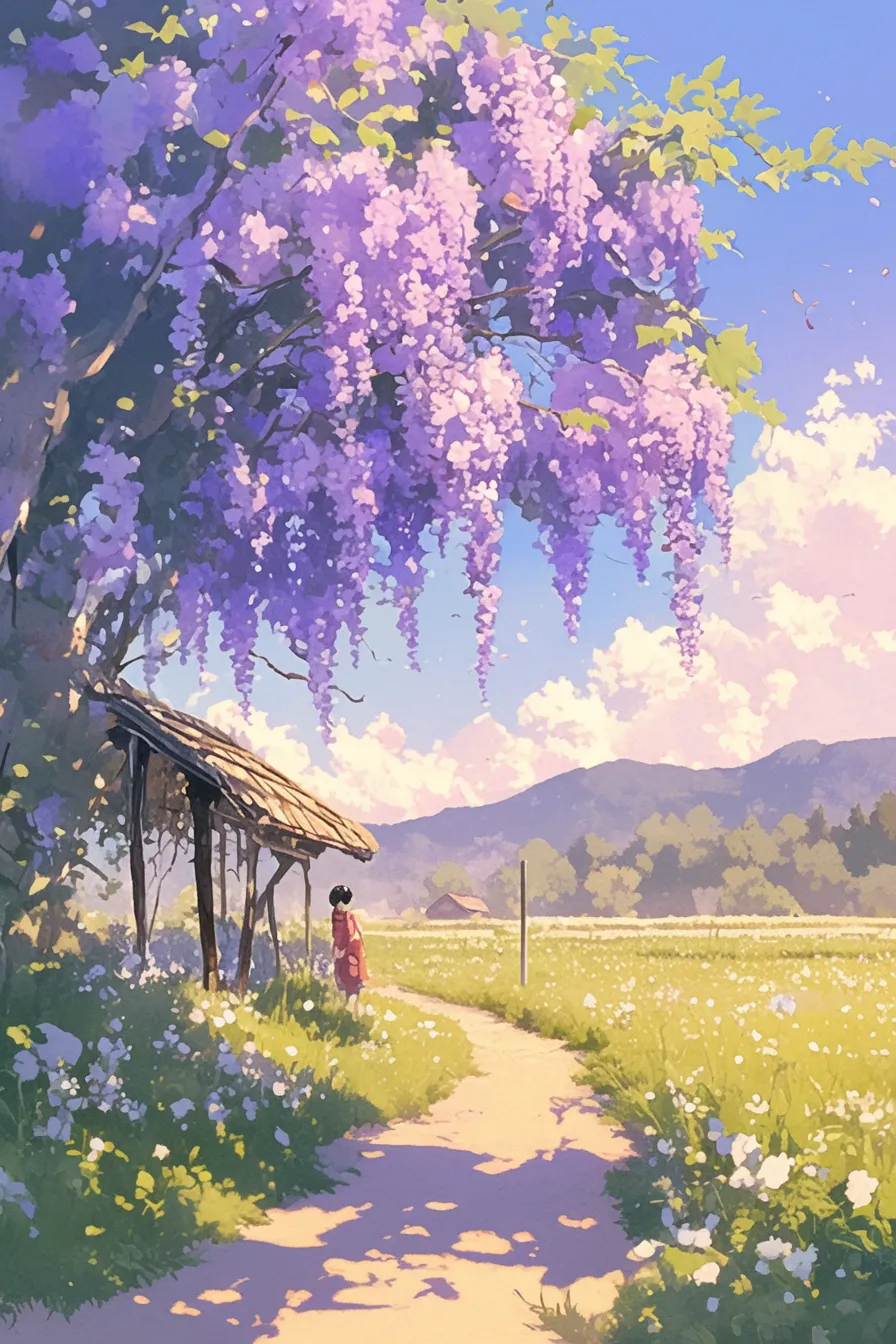 藤の花の絵と田園小道｜田園風景と調和する藤の花の絵は、開放感と郷愁を漂わせる表現で、観光や地域紹介の素材に有用です。優しい彩色と構図が、企業の広報や季節キャンペーンに最適な雰囲気を生み出します。