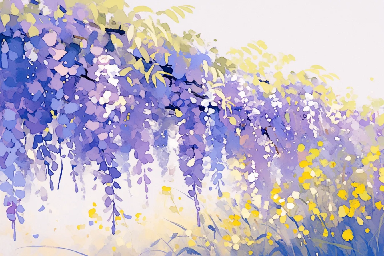 藤の花の絵と抽象的な描写｜淡い色合いと柔らかいタッチで描かれた藤の花の絵は、抽象的な構成が特徴で、汎用性の高いビジネス写真素材です。背景やイメージビジュアルとして幅広く使える軽やかな印象を持っています。