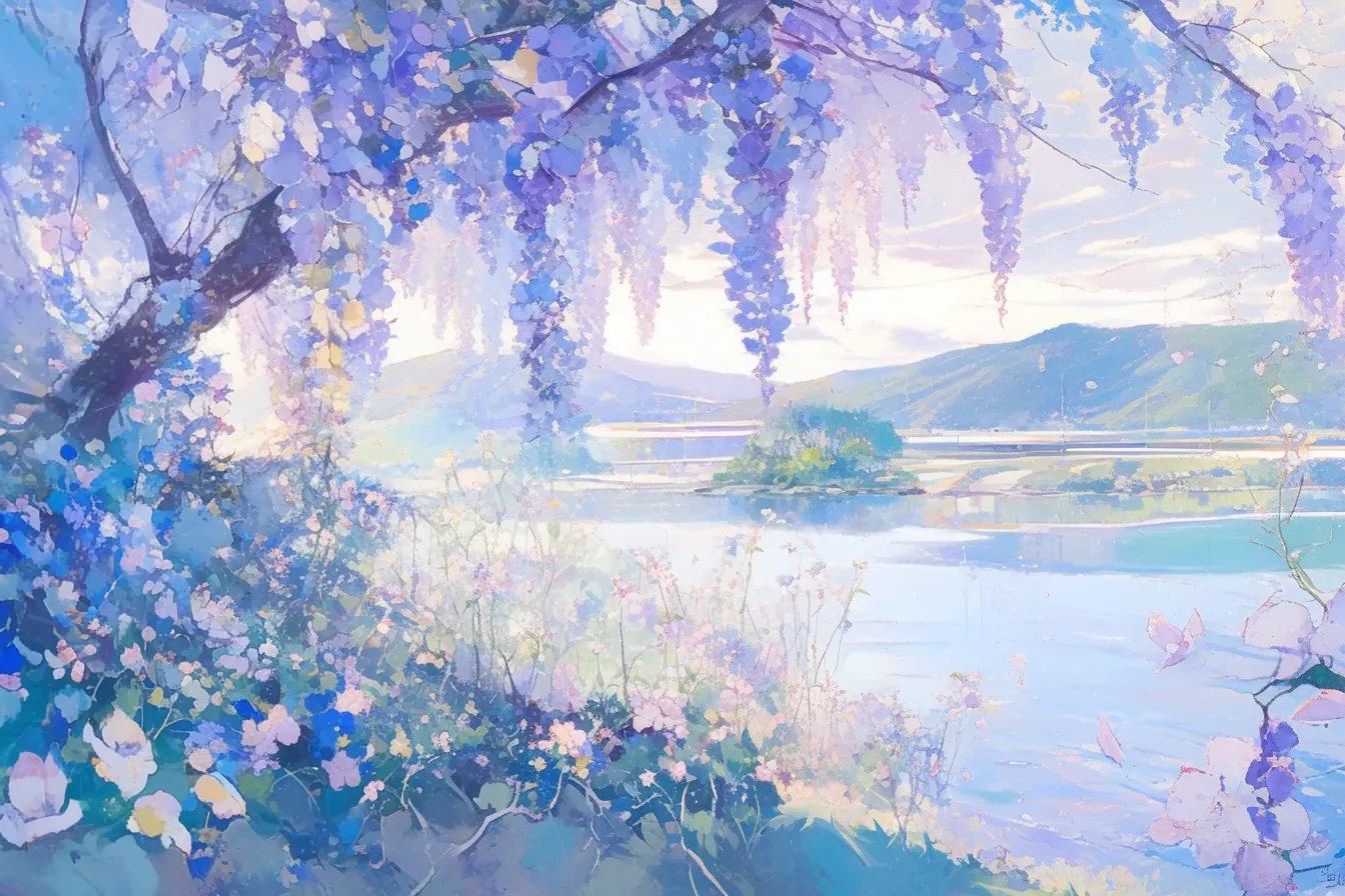 藤の花の絵と川辺の景観｜川辺に咲く藤の花の絵は、爽やかで清々しい色彩を活かした仕上がりで、旅行や観光関連のビジネス素材に適しています。季節を感じさせる雰囲気が、パンフレットや広告に調和します。