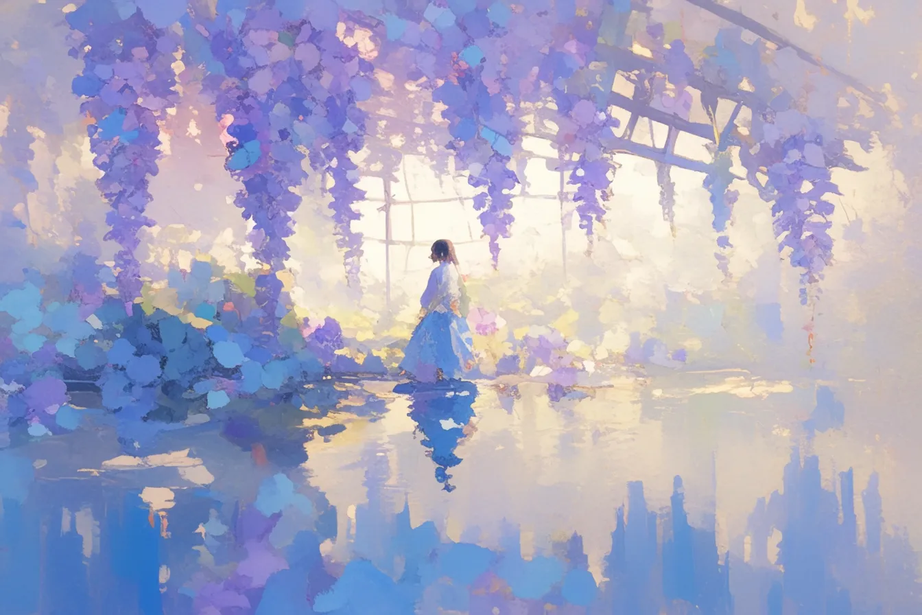 藤の花の絵と人物のある情景｜人物を組み合わせた藤の花の絵は、物語性のあるシーンとして印象を残しやすい素材です。広告やブランディングにおいて、人と自然の調和を伝えるビジュアルとして効果的に活用できます。