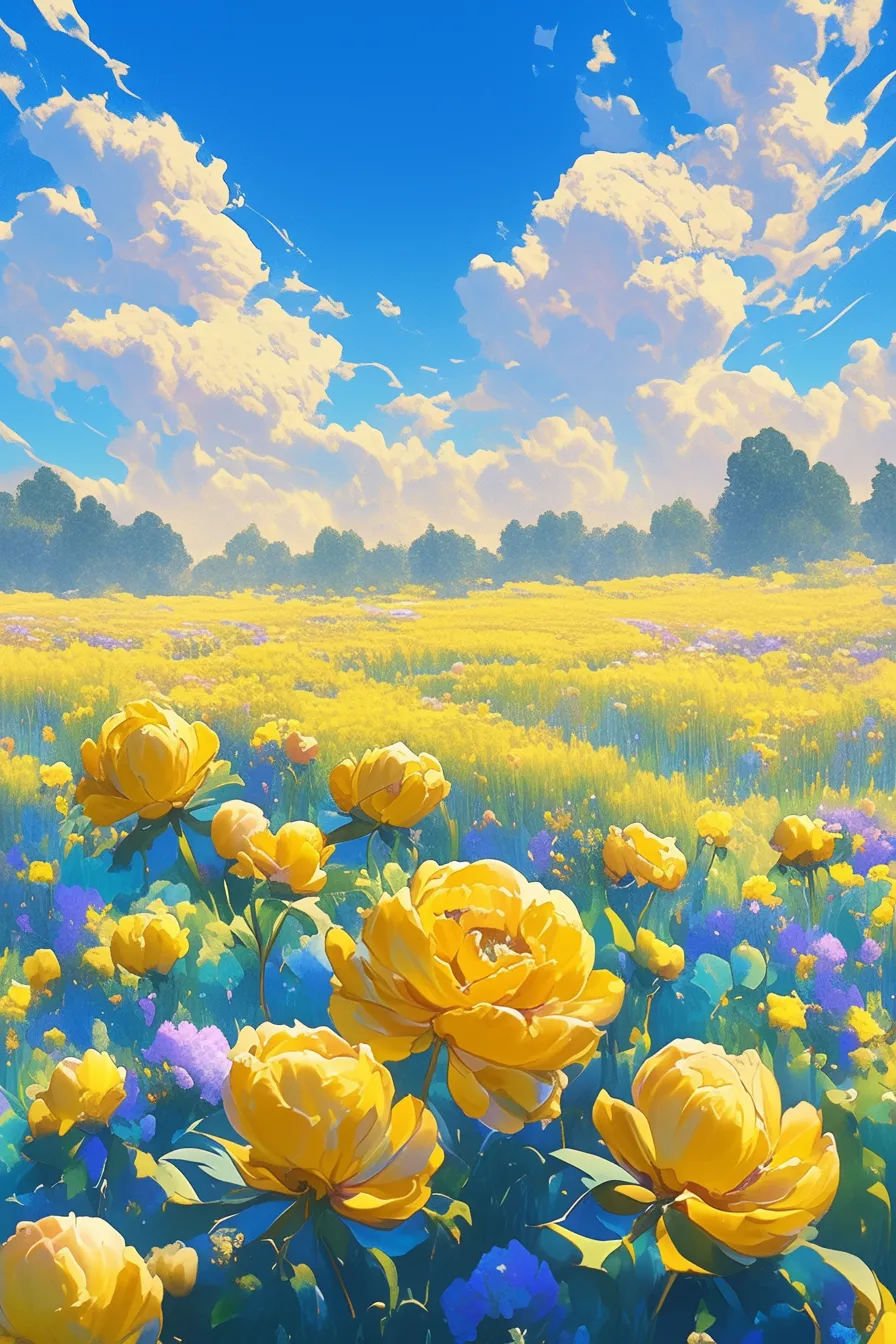 牡丹の絵と広がる花畑｜鮮やかな黄色の牡丹の絵が空の青と調和し、季節感を鮮明に表現しています。ビジネス写真素材として広告やキャンペーンに使用すれば、明るく前向きな印象を効果的に演出できます。