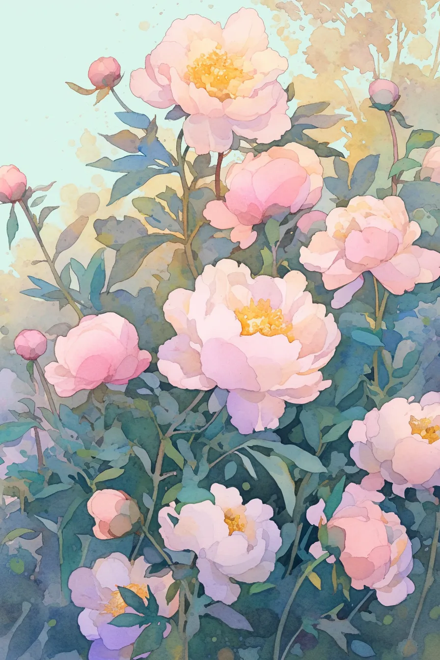 牡丹の絵と柔らかな水彩表現｜水彩タッチで描かれた淡い色合いの牡丹の絵は、上品で優雅な印象を与えます。高級感を演出するパンフレットやブランドイメージ素材として適しており、落ち着いた雰囲気を伝えられます。
