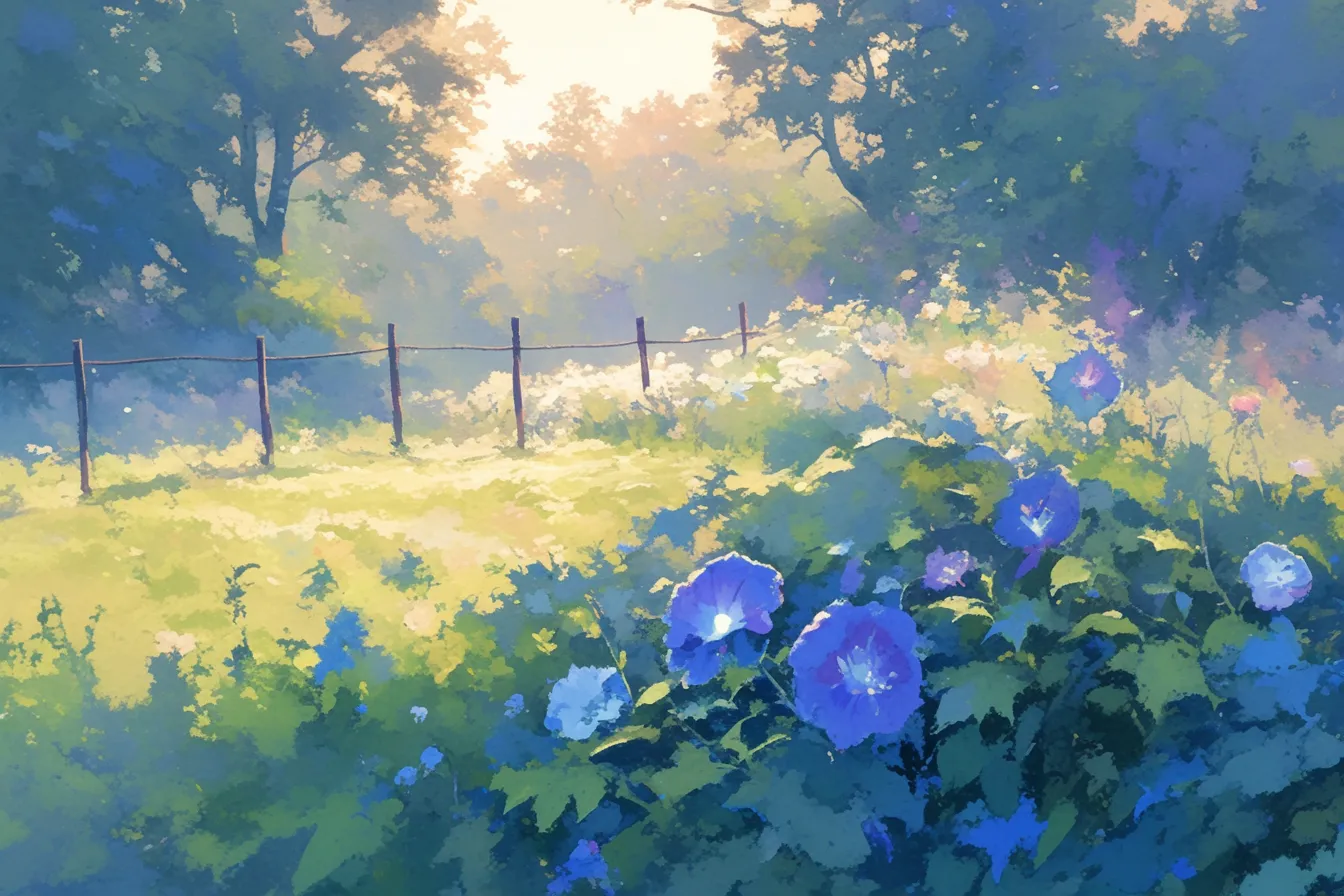 牡丹の絵と朝露の風景｜朝日を浴びる牡丹の絵は、清々しさと透明感を表現しており、自然の美しさを強調します。リラクゼーション関連や自然テーマの素材として活用しやすく、爽やかな印象を与えます。