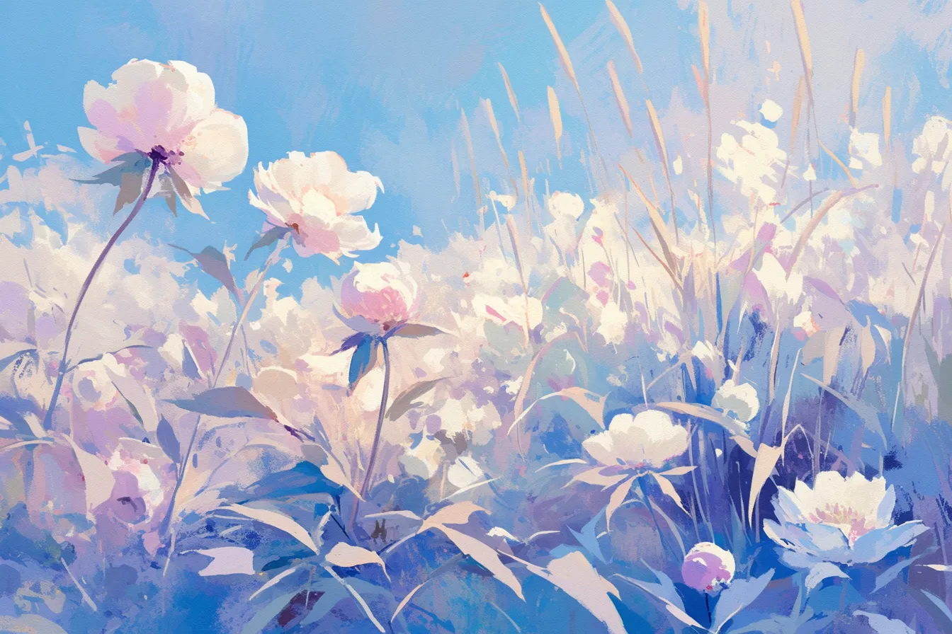牡丹の絵と青空の花畑｜澄んだ青空の下に咲く牡丹の絵は、爽やかで明るい印象を前面に押し出します。季節感や自然の魅力を伝えるビジネス素材に活用でき、清潔感のある表現を求めるデザインに適しています。