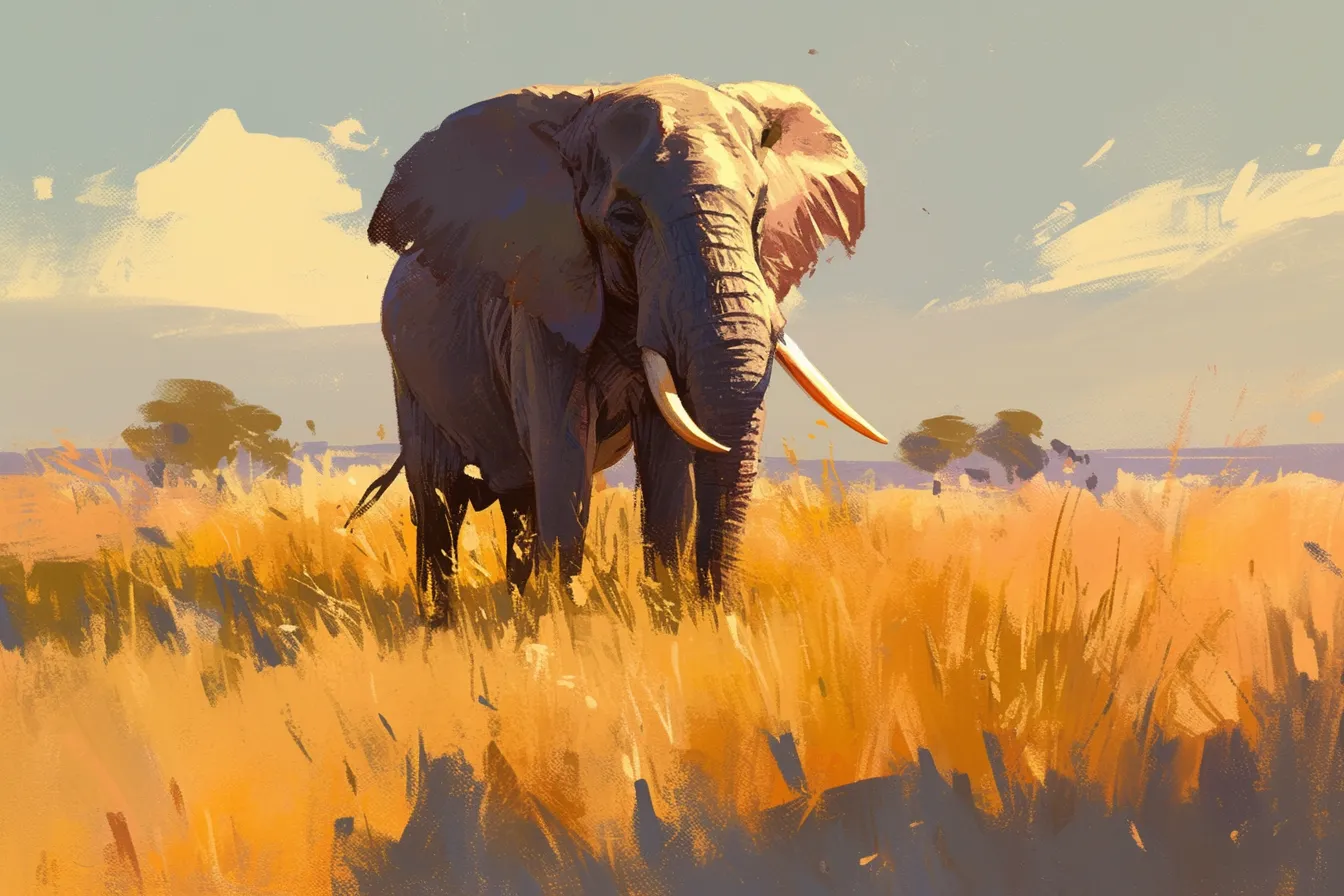 草原を歩くぞうの絵｜黄金色の草原を進むぞうの絵は、力強さと自然の雄大さを表現したビジネス写真素材です。野生動物や自然保護をテーマにした活用に適しています。