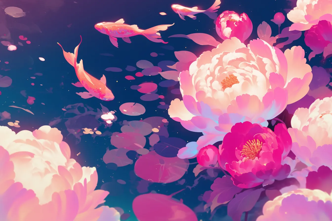 牡丹の絵と幻想的な鯉の池｜夜空を思わせる背景に鯉と咲く牡丹の絵は、幻想的で独自性の高い雰囲気を持ちます。アート性の高いビジュアル素材としてブランド広告やイベント用に適し、強い印象を残せます。