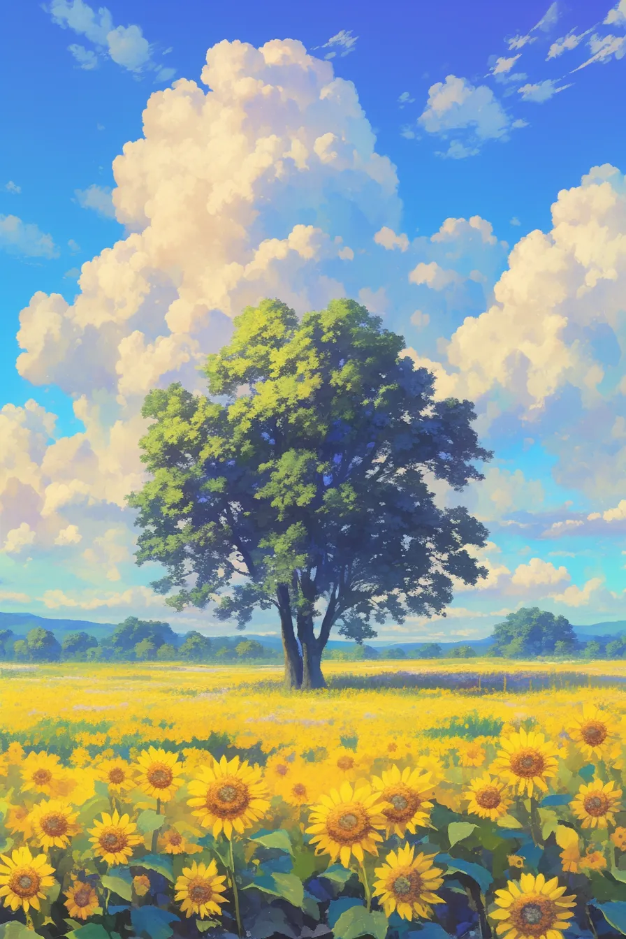 ひまわりの絵と大樹の風景｜大きな樹木とともに描かれたひまわりの絵は、自然との調和を象徴する印象的な構図です。企業広報や観光プロモーションで使用すれば、環境や安心感を訴求する素材として活用できます。