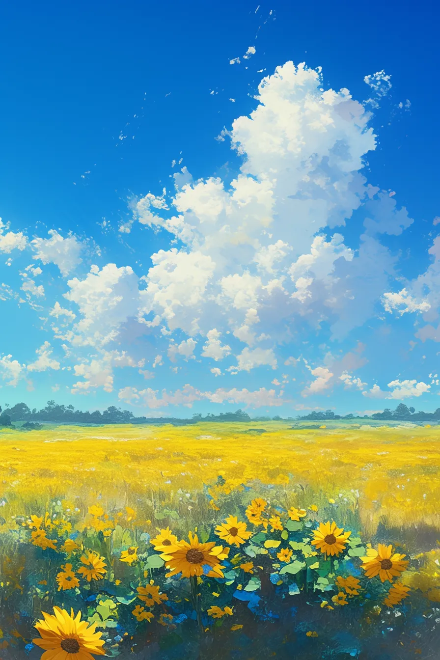 ひまわりの絵と広がる青空｜広大な青空と鮮やかな花畑が映えるひまわりの絵は、伸びやかで開放的な雰囲気を伝えます。明るさと活力を表現できるため、イベントやキャンペーン用の素材に適しています。