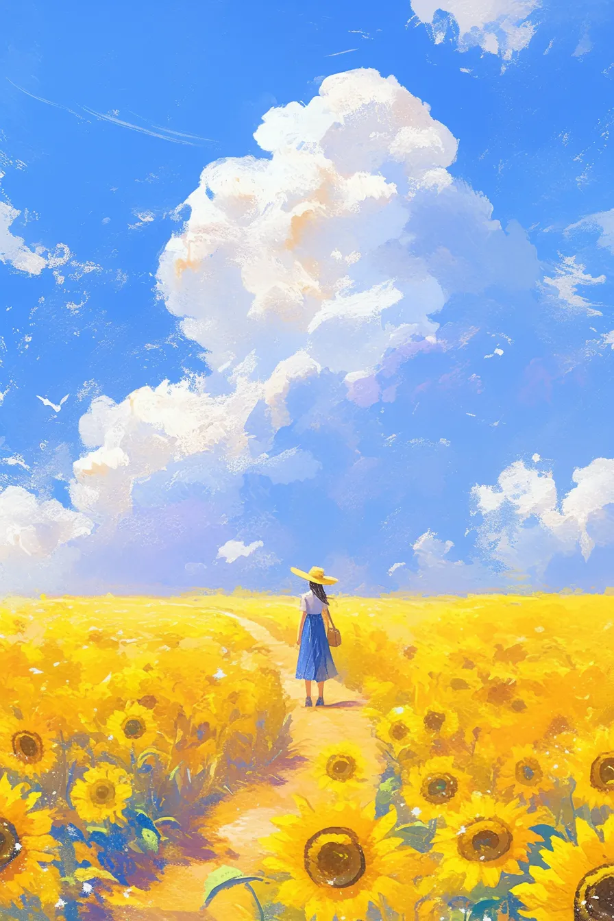 ひまわりの絵と少女の情景｜ひまわり畑を歩く少女を描いたひまわりの絵は、物語性と親しみやすさを兼ね備えています。広告やブランドイメージに使用すれば、温かみと感情的なつながりを演出できます。