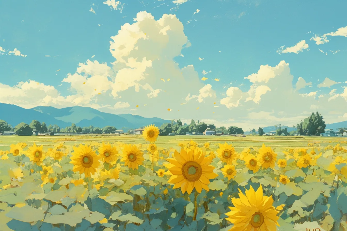 ひまわりの絵と山間の景観｜山々と空を背景に広がるひまわりの絵は、自然美と爽快感を併せ持っています。地域の魅力を伝える観光素材や環境関連のビジュアルに適し、清々しい印象を与えます。