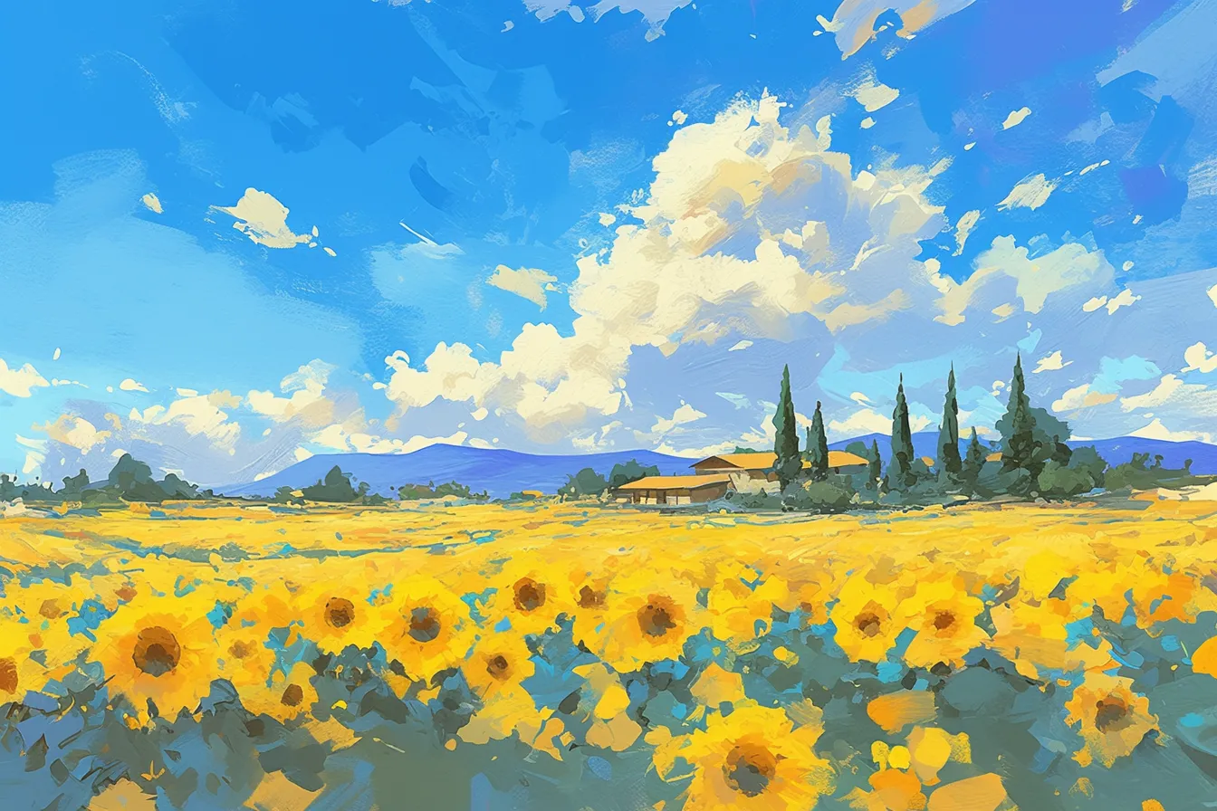ひまわりの絵と田園の風景｜田園に広がるひまわりの絵は、素朴さと安心感を演出しています。農業や地域文化を紹介する素材として有効で、親しみやすさと信頼感を与えるビジネス写真素材です。