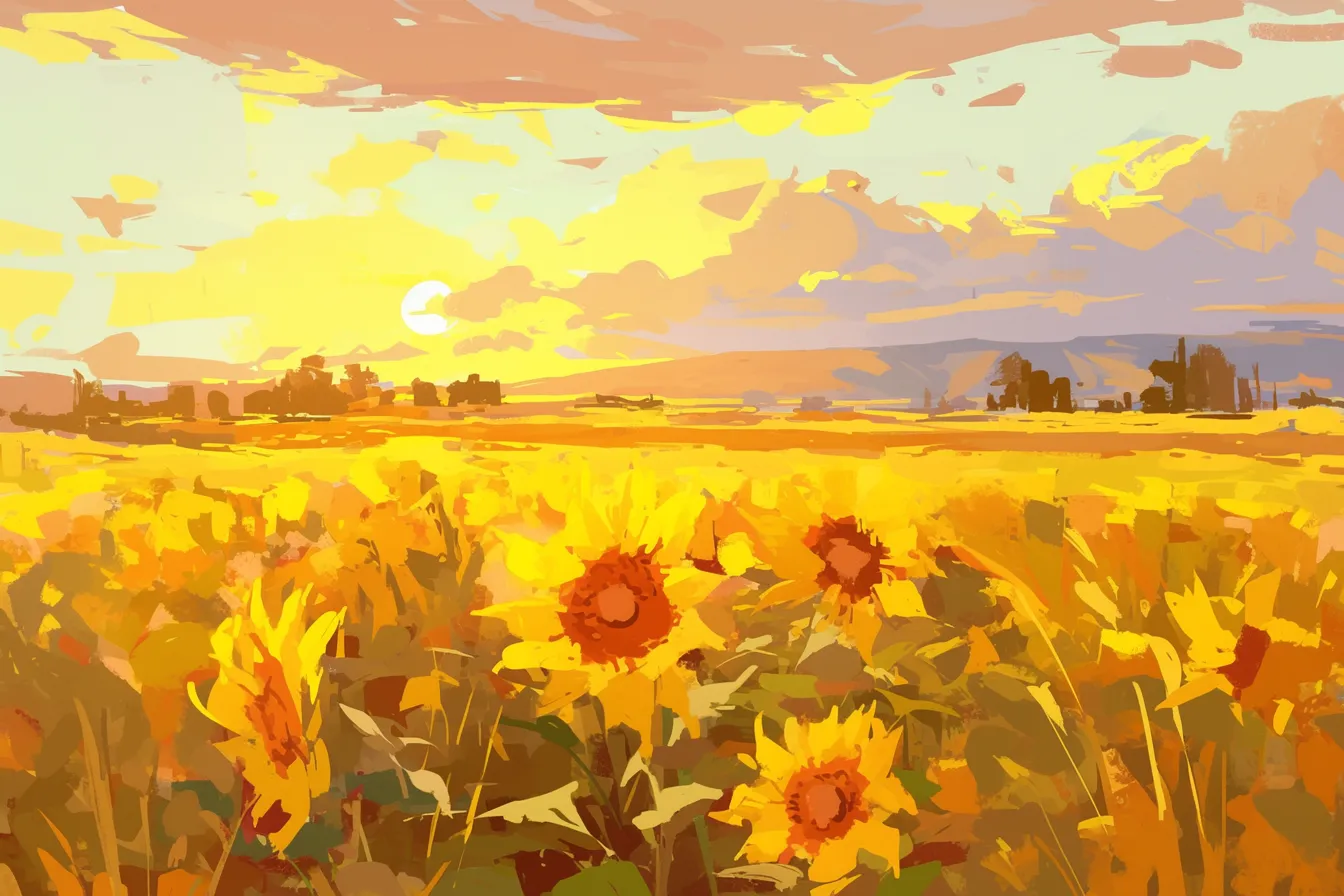 ひまわりの絵と夕暮れの畑｜夕日を背景にしたひまわりの絵は、柔らかな色彩が郷愁と落ち着きを表現しています。広告やパンフレットに使えば、穏やかな印象やエモーショナルな雰囲気を効果的に伝えられます。