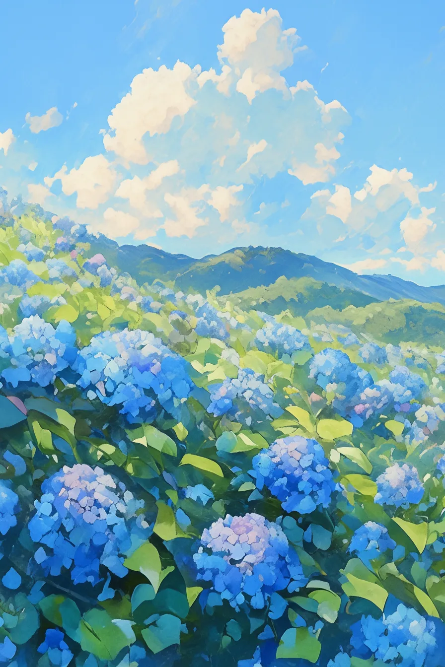 紫陽花の絵と夏空の風景｜澄み切った青空と鮮やかな紫陽花の絵は、爽やかで清涼感のある印象を与えます。ビジネス写真素材として季節感の演出に最適で、観光やイベントの告知に活用しやすいデザインです。