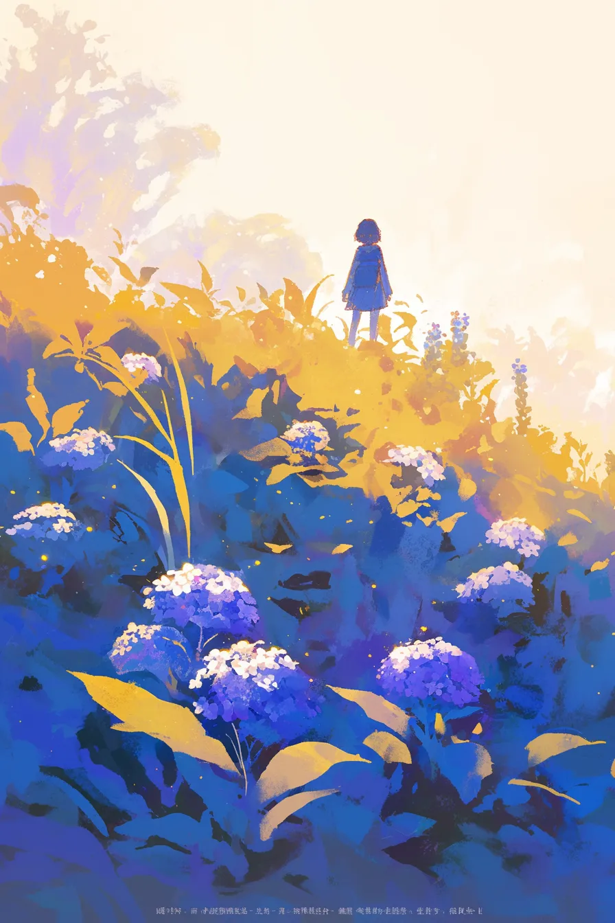 紫陽花の絵と幻想的な人物風景｜人物を背景にした紫陽花の絵は、物語性とアート性を兼ね備えています。広告やブランディング素材に利用すれば、感情的なつながりを演出し、印象的なビジュアルとして活用できます。