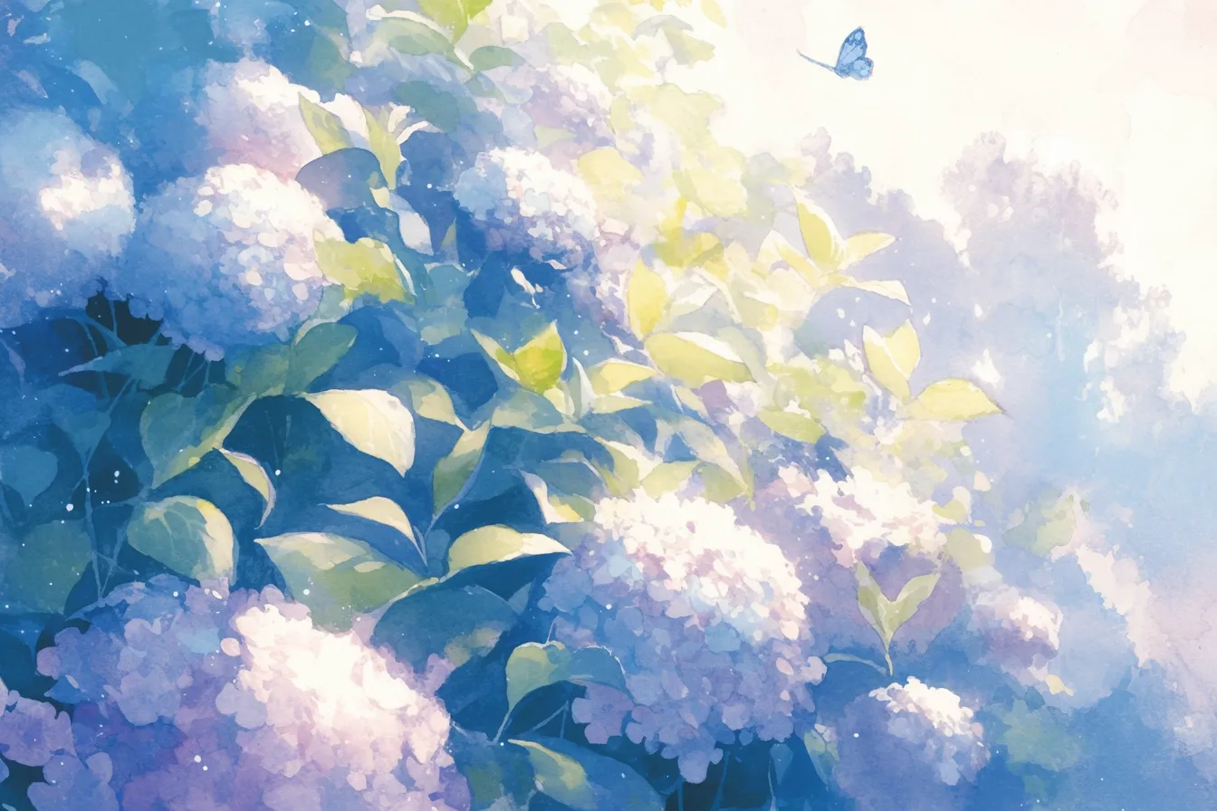 紫陽花の絵と柔らかな光の庭｜柔らかな光に包まれた紫陽花の絵は、優雅で透明感のある雰囲気を強調します。ビジネス素材としてリラクゼーションや美容関連の分野に適しており、安心感と高級感を表現します。