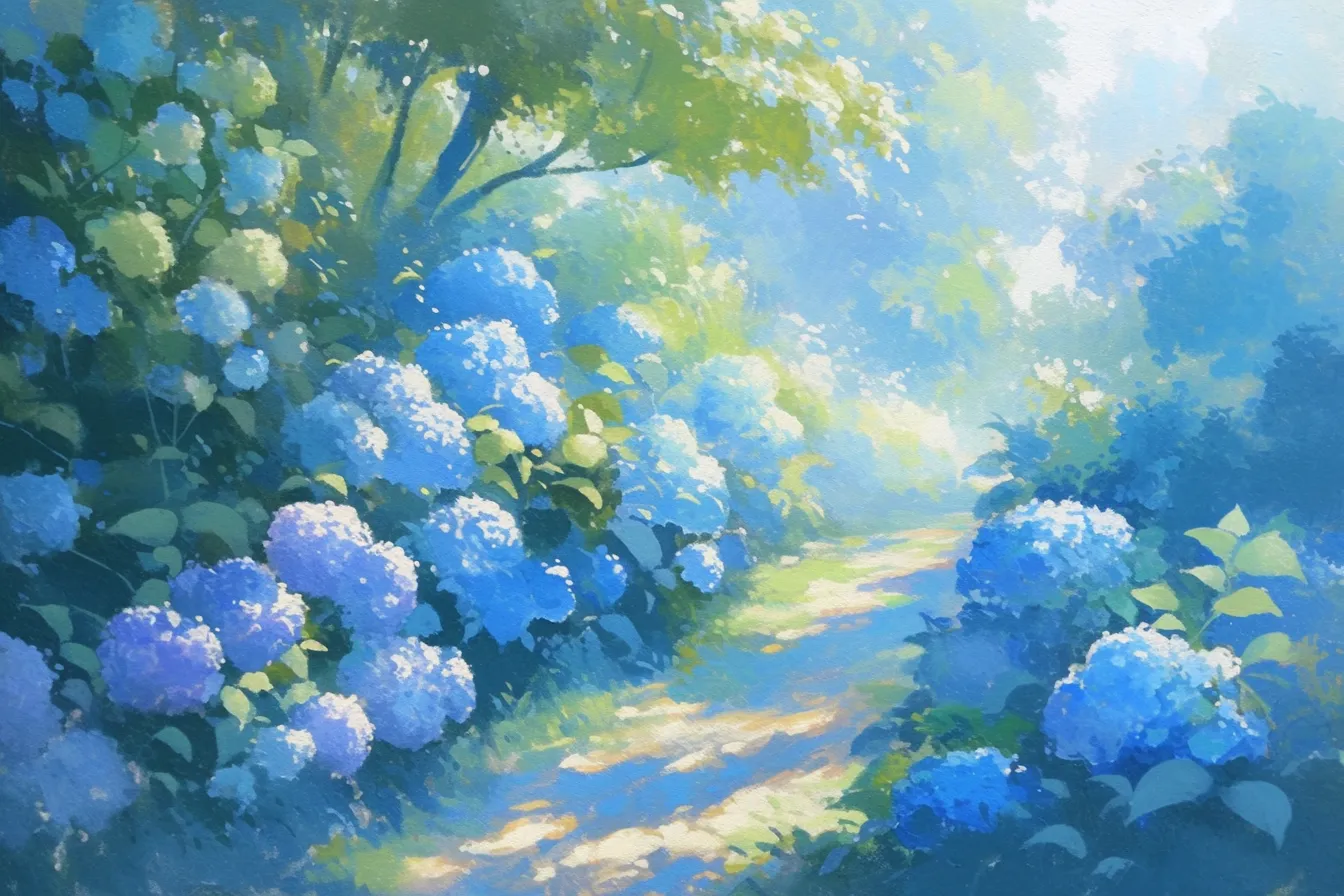 紫陽花の絵と小径の情景｜小径を彩る紫陽花の絵は、静けさと心地よい雰囲気を伝えます。観光や散策マップ、自然体験のプロモーションに活用しやすく、穏やかな時間を演出するビジネス写真素材です。