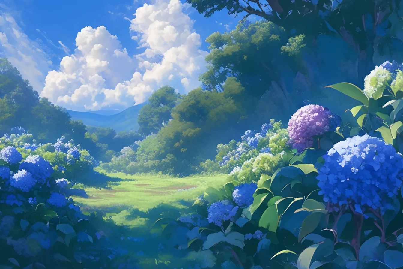 紫陽花の絵と青空の広がり｜広がる青空と紫陽花の絵は、開放感と爽快感を強調しています。夏のプロモーション素材や広告に使えば、明るく前向きな印象を与え、視覚的に強い訴求力を持たせられます。