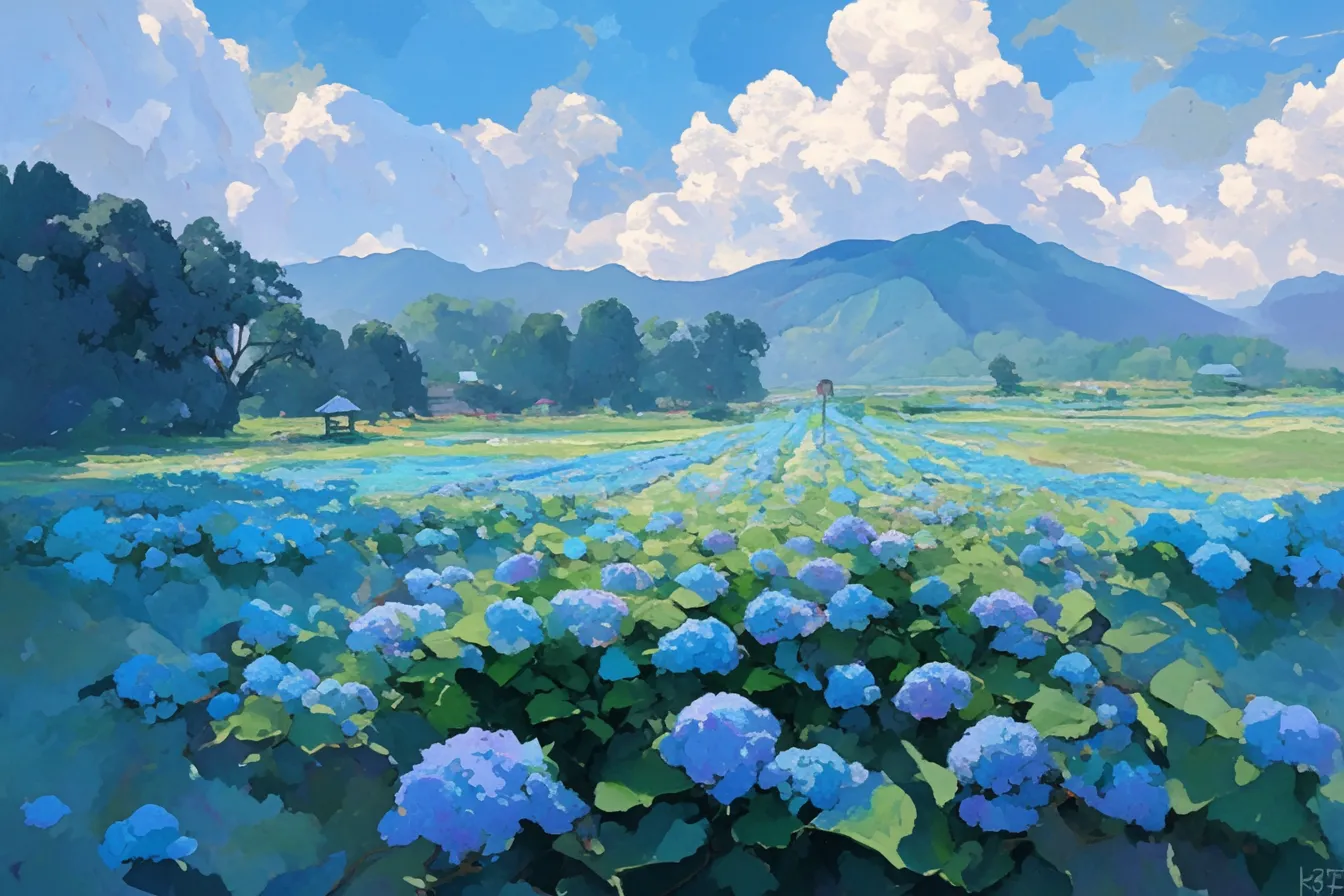 紫陽花の絵と田園の眺め｜広大な田園と調和する紫陽花の絵は、自然との共生を象徴しています。地域紹介や観光素材として適しており、親しみやすさと豊かな季節感を伝えるビジネス用途に向いています。