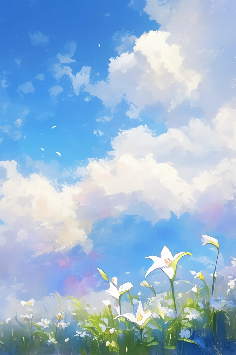 青空と白い花咲くユリの絵｜澄んだ青空と白い花が爽やかなコントラストを描くユリの絵。清潔感と明快さを印象付けるため、医療や環境関連の広告素材として活用しやすいデザインです。