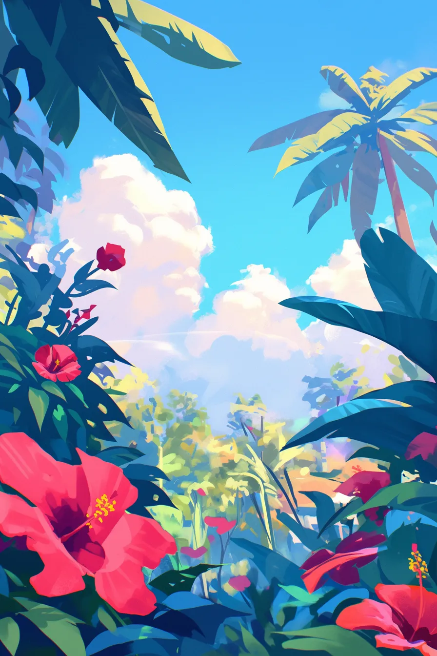 南国の花と青空のハイビスカスの絵｜鮮やかな青空とトロピカルな植物に映える赤い花が印象的なハイビスカスの絵。広告や観光関連のビジネス素材として爽快感とリゾート感を強調できます。