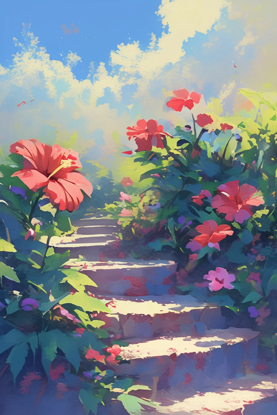 石段を彩る花々とハイビスカスの絵｜石段の両脇に咲く赤い花々が視線を導く構図のハイビスカスの絵。ストーリーテリング性があり、商品カタログやキャンペーンビジュアルに活用しやすい雰囲気です。