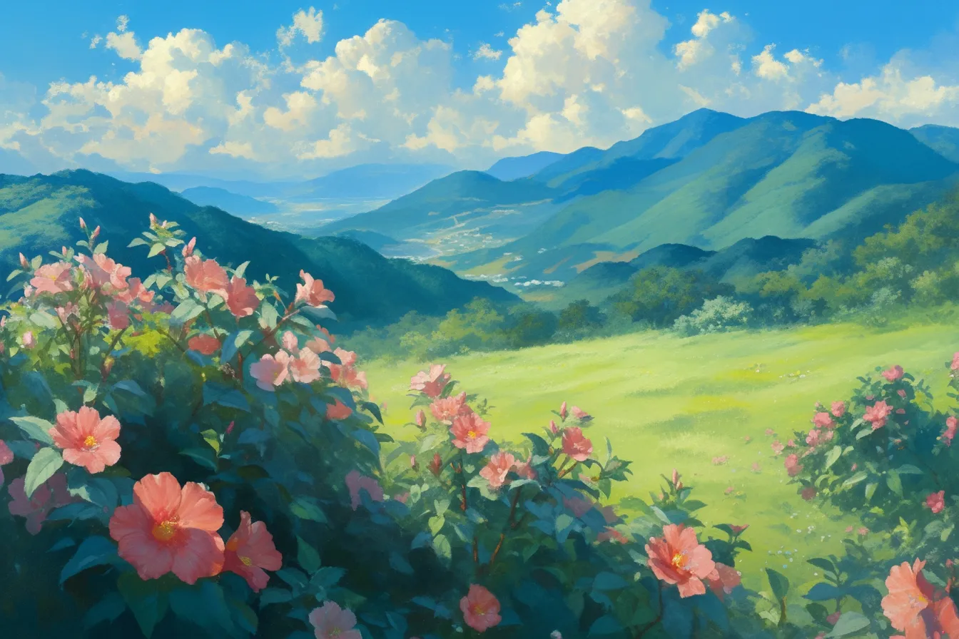 山並みと広がる草原のハイビスカスの絵｜雄大な山並みと草原を背景に広がる花畑が印象的なハイビスカスの絵。開放的で自然を感じる表現が、環境関連や観光プロモーションに効果的です。