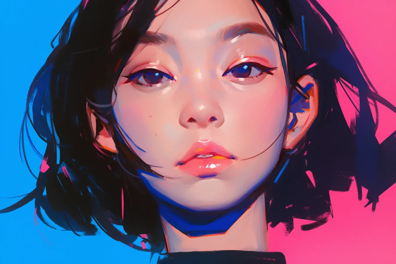 女性のアップの顔の絵｜ビビッドな色彩で構成された顔の絵です。強いコントラストと鮮やかなトーンが印象的で、広告やSNSキャンペーン用の素材として目を引く効果を発揮します。