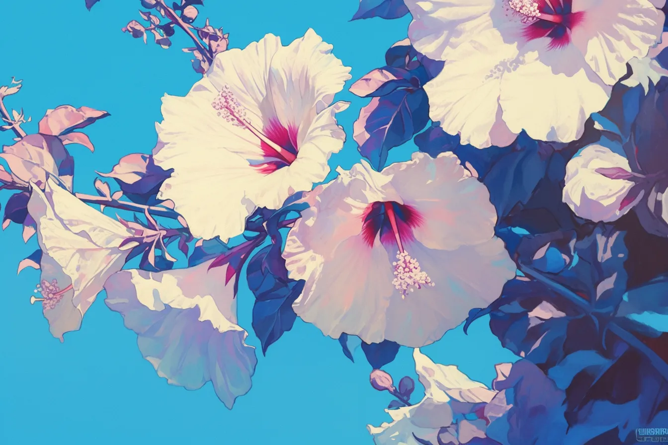 白い大輪の花が映えるハイビスカスの絵｜純白の大輪が澄んだ青空に美しく浮かぶハイビスカスの絵。シンプルで高級感のあるタッチが、化粧品やファッション関連の広告素材に最適です。
