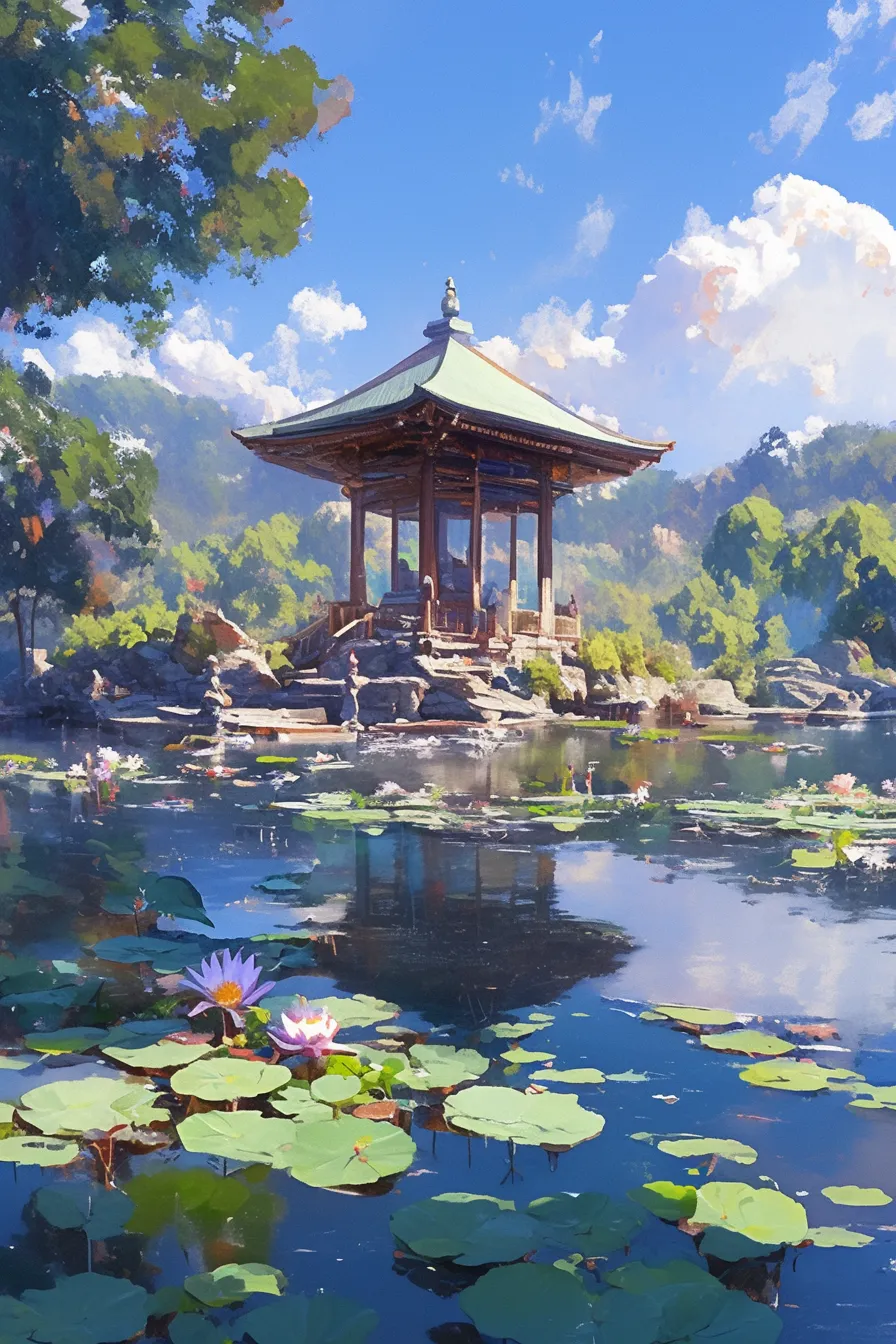 日本庭園の水辺に咲く蓮の絵｜伝統的な建築と蓮の絵が組み合わさった構図は、和の文化や落ち着きを象徴し、観光や文化紹介のビジュアル素材として高い訴求力を持ちます。