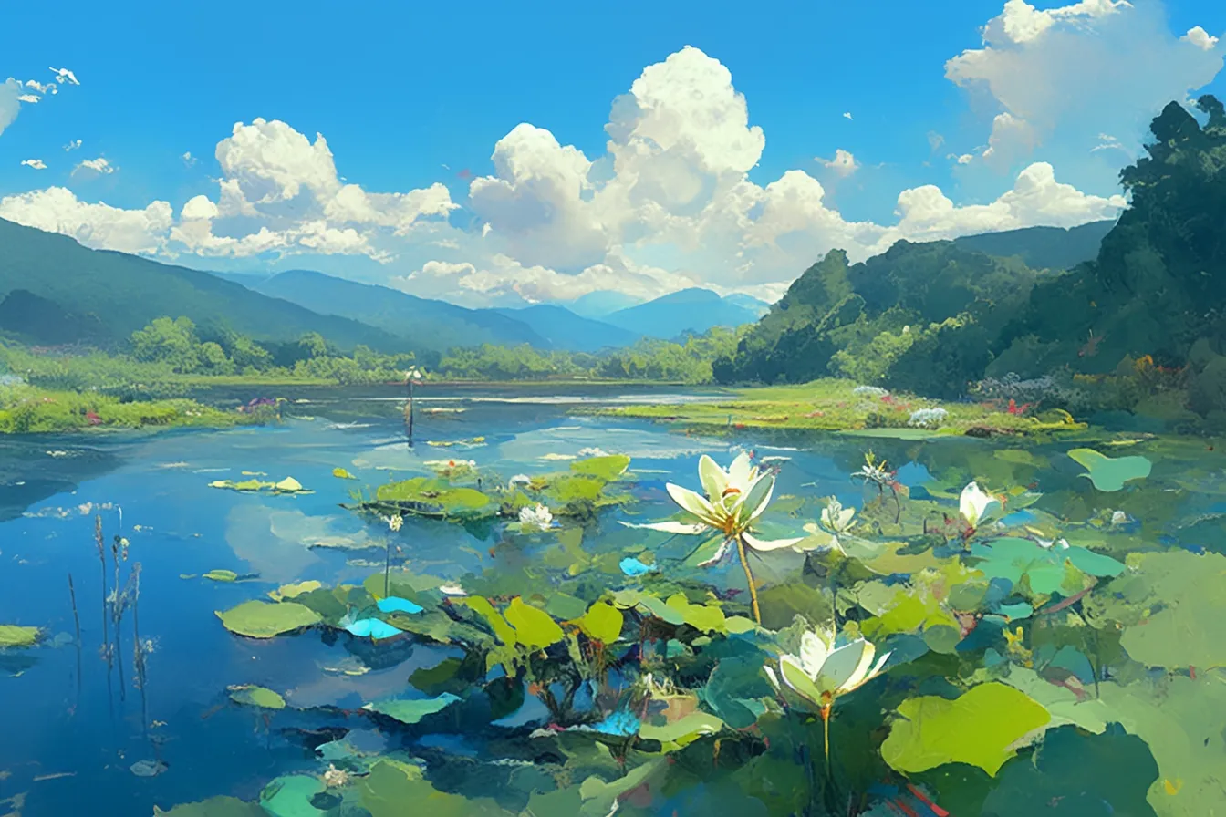 青空広がる湖畔と蓮の絵｜雄大な景観と蓮の絵を合わせた広がりある描写は、清涼感と開放感を伝え、環境や自然関連のビジネスに相性の良い印象を与えます。
