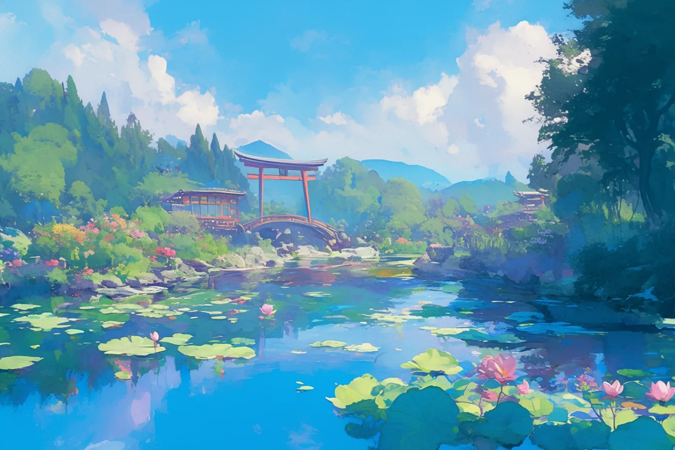 鳥居と水辺に浮かぶ蓮の絵｜日本的な建築と水面に咲く蓮の絵が融合した画風は、文化的背景を強調しながら明るさを演出し、観光や国際的な広報に役立ちます。
