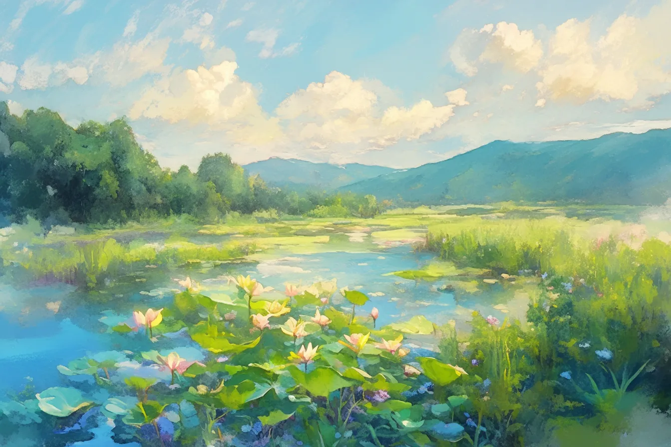 湿原に広がる花々と蓮の絵｜穏やかな風景の中で咲く蓮の絵は、柔らかなタッチで自然美を表現し、環境保護やエコをテーマにした資料や広告に適した素材です。