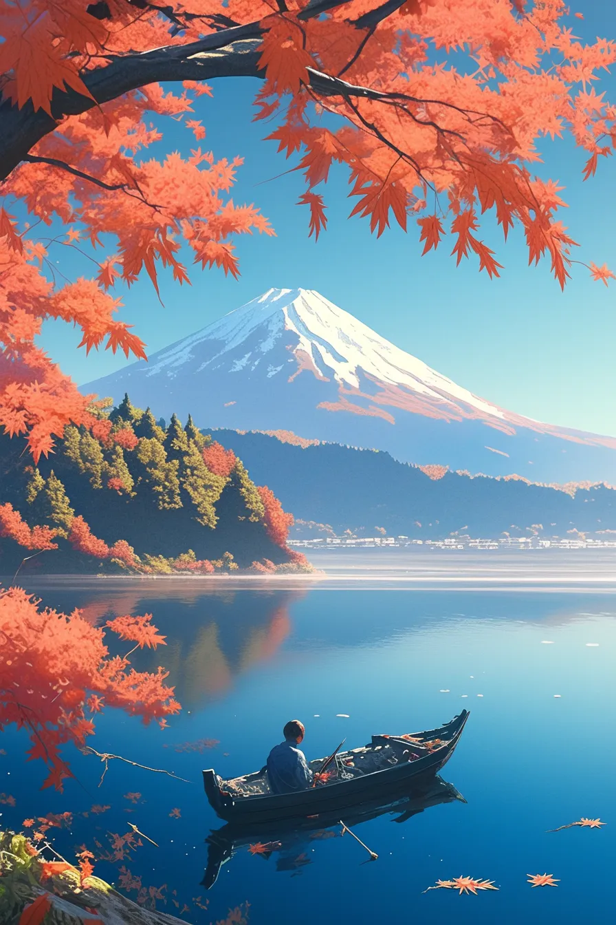富士山と湖畔の舟と紅葉の絵｜壮大な自然と人の営みを対比させた紅葉の絵は、観光や旅のプロモーションに効果的で、雄大さと落ち着きを兼ね備えた素材です。