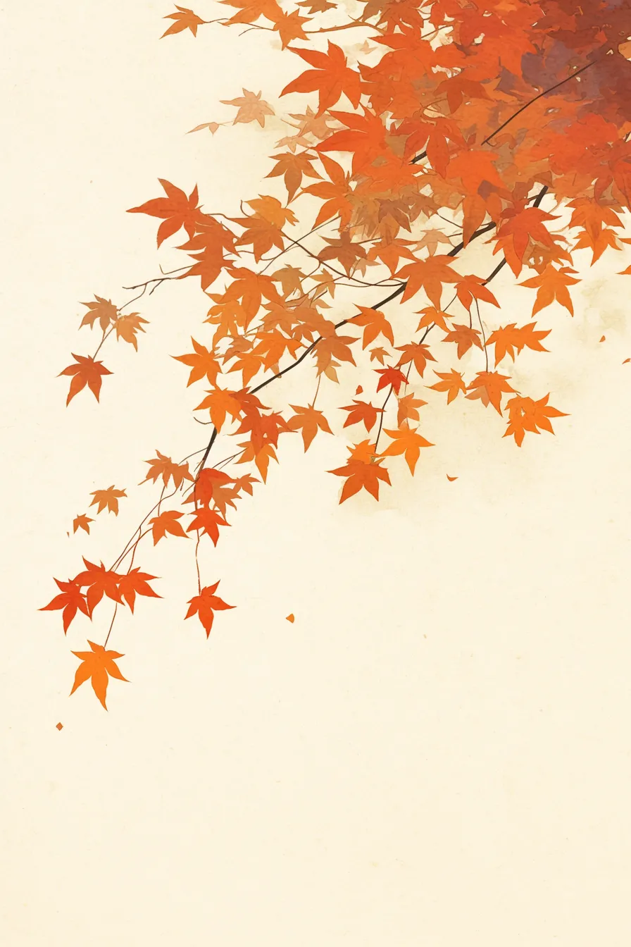 枝先に広がる橙色の紅葉の絵｜余白を活かしたシンプルな構図の紅葉の絵は、上品で洗練された印象を与え、商品紹介や高級感ある広告に適しています。