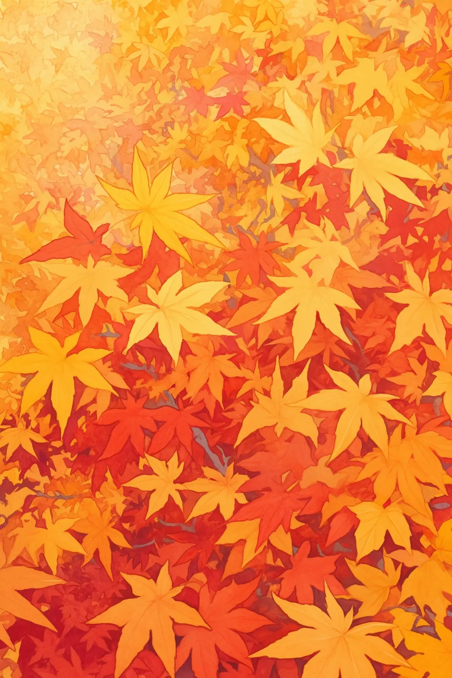 鮮やかに舞い散る葉の紅葉の絵｜力強い色彩が画面を埋め尽くす紅葉の絵は、温もりとエネルギーを感じさせ、季節感を強調した販促ツールに最適です。