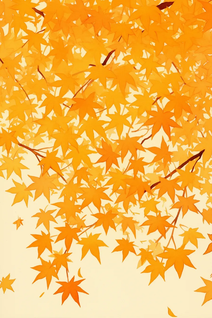 黄金色に染まる木々の紅葉の絵｜明るい黄色を基調とした紅葉の絵は、軽快で爽やかな雰囲気を演出し、季節の移ろいを伝える広告やチラシに使いやすい素材です。