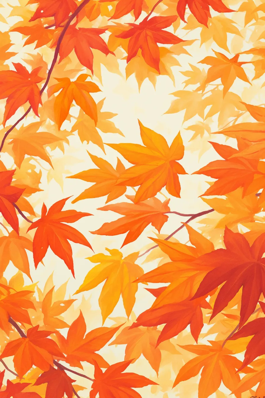 枝葉に映える赤橙の紅葉の絵｜濃淡のバランスが美しい紅葉の絵は、落ち着きと華やかさを両立させ、雑誌やカタログの背景素材として活躍できます。