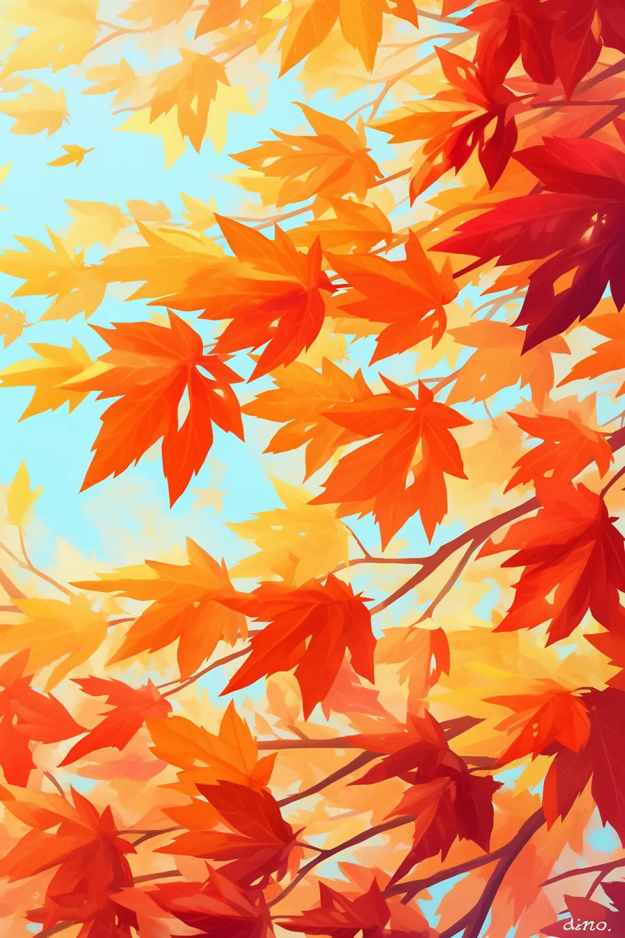青空に映える赤黄の紅葉の絵｜空色とのコントラストが印象的な紅葉の絵は、爽快で前向きな印象を与え、イベントや観光案内に適した鮮明なデザインです。