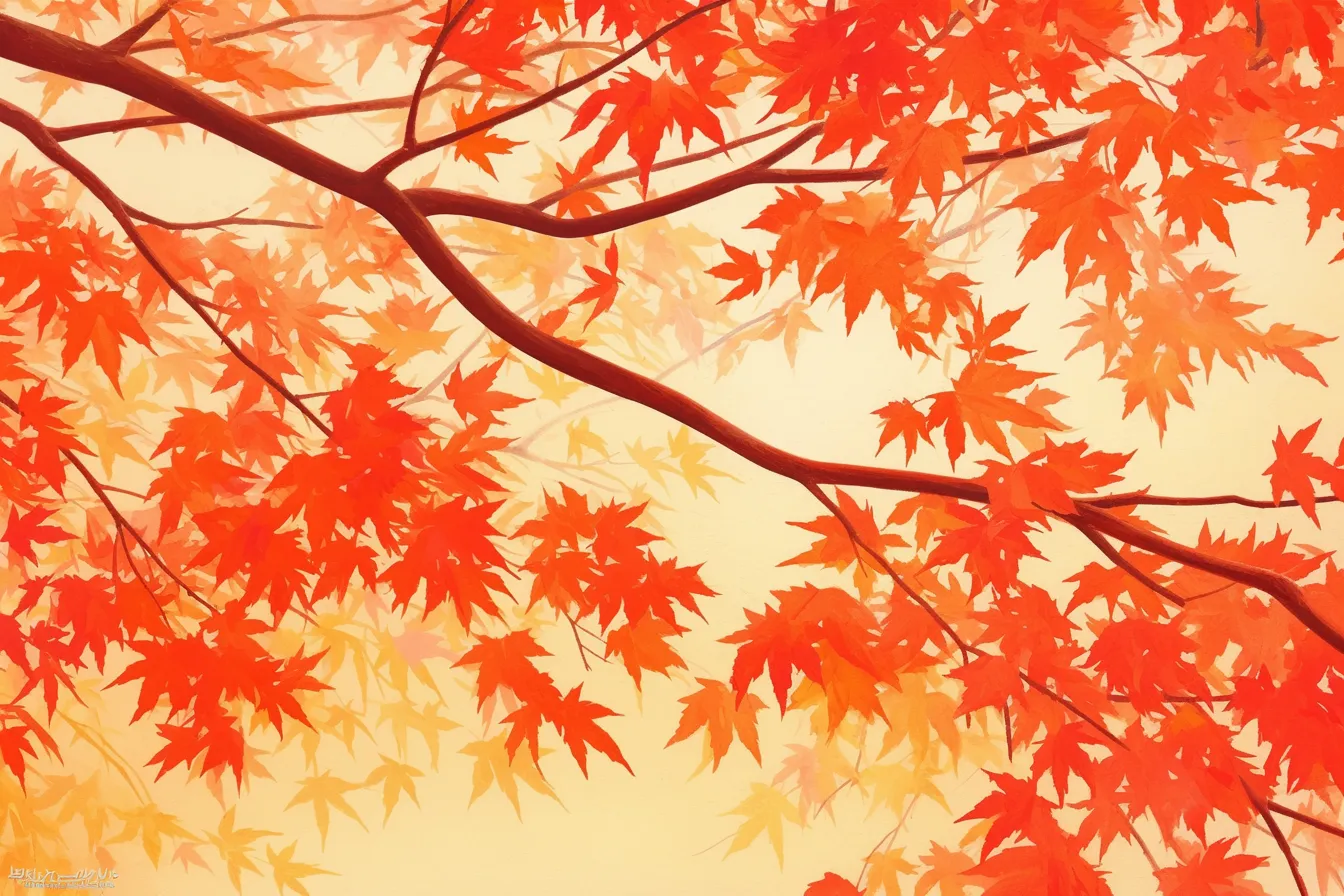 枝垂れる木々と鮮やかな紅葉の絵｜横長の構図で広がりを表現した紅葉の絵は、自然の美しさを際立たせ、プレゼン資料やバナーに映える効果的な素材です。