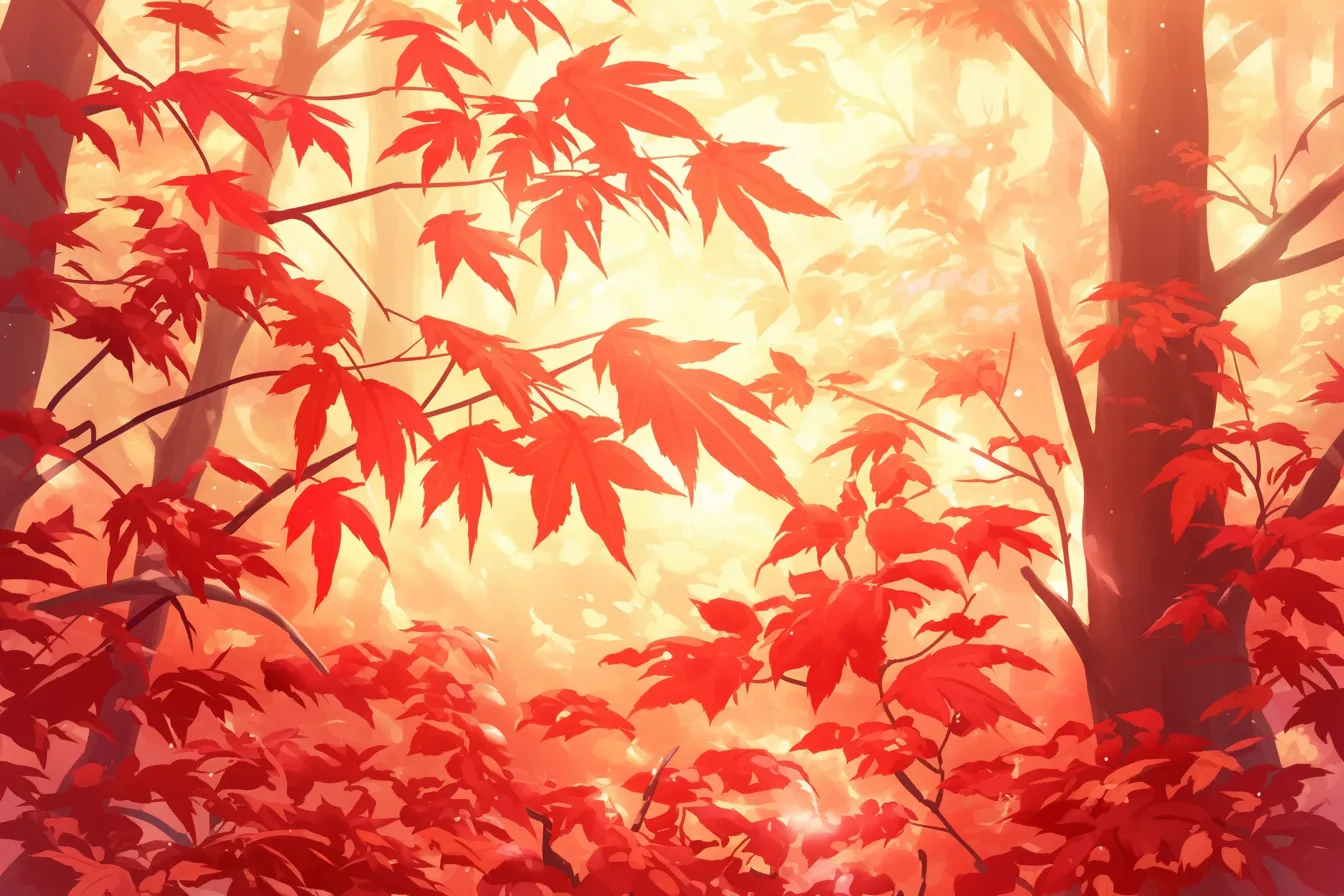 木漏れ日と鮮烈な赤の紅葉の絵｜光を受けて輝く紅葉の絵は、幻想的な雰囲気を醸し出し、癒しや自然美をテーマにしたビジネス用途に適した表現です。