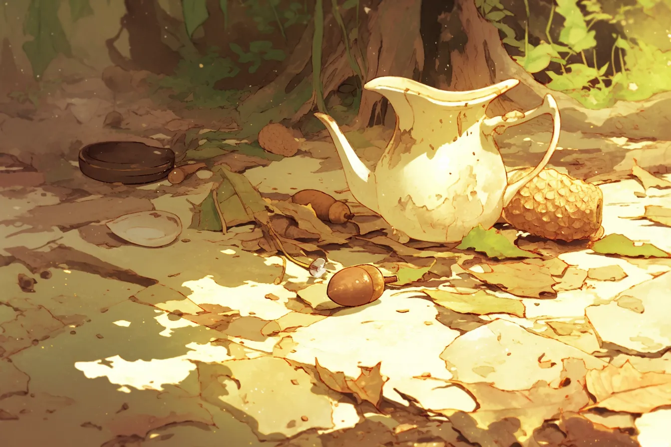 森の中の落ち葉とどんぐりの絵｜木漏れ日とともに描かれたどんぐりの絵は、素朴で温かな雰囲気を持ち、自然やエコをテーマにした広告や資料に活用しやすい素材です。