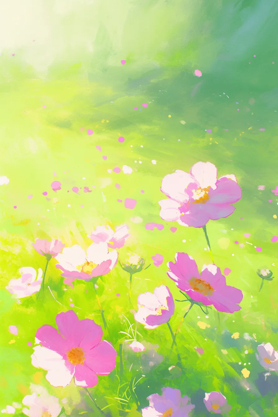 柔らかな光に咲くコスモスの絵｜鮮やかな緑と淡い花のコントラストが印象的なコスモスの絵は、明快で爽やかな雰囲気を演出し、広告やポスターに映える素材です。