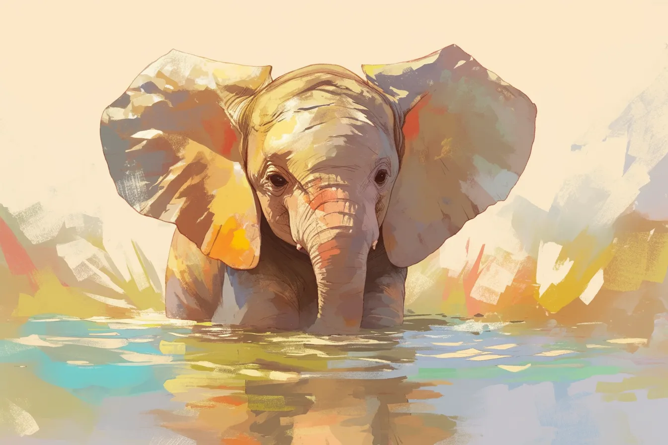 水辺の子ぞうの絵｜水に入る子ぞうの絵は、可愛らしさと爽やかさを兼ね備えたビジネス写真素材です。子供向けデザインや教育分野に適した柔らかな印象です。