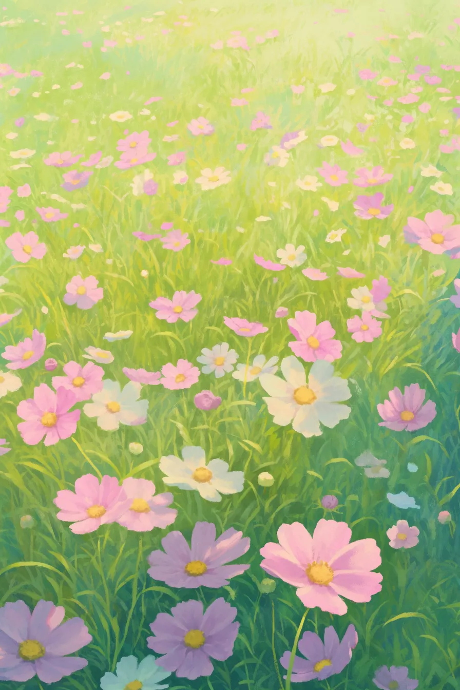 草原一面に咲く淡色のコスモスの絵｜広がりを感じさせるコスモスの絵は、優しい色合いで癒しを表現し、観光や自然をテーマにしたデザインに効果的です。