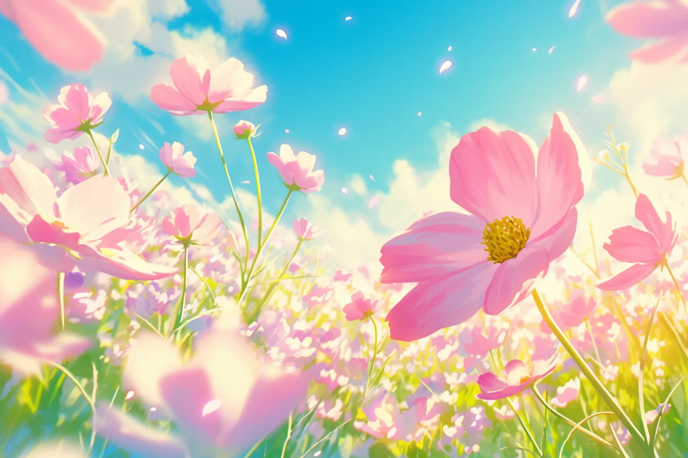 青空と花畑を彩るコスモスの絵｜鮮やかな青空と柔らかな花びらが描かれたコスモスの絵は、開放感と明るさを強調し、イベントや旅行関連の素材に最適です。