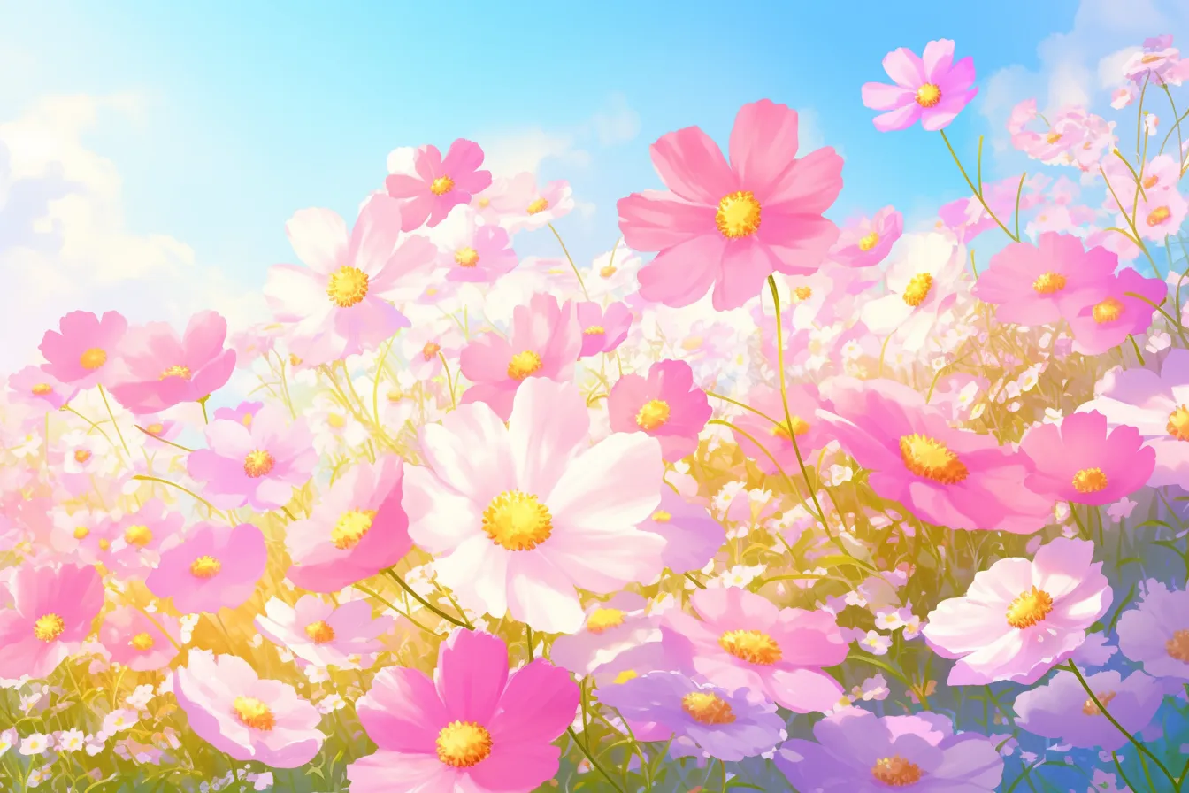 光あふれる花畑のコスモスの絵｜輝く日差しとともに描かれたコスモスの絵は、明るく温かい印象を伝え、季節感を重視した広告素材として活用できます。