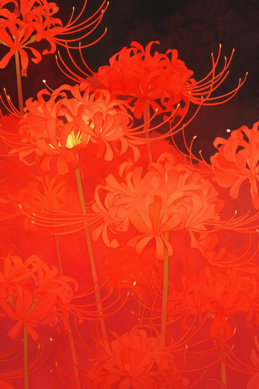 漆黒の背景に映える彼岸花の絵｜深い黒に鮮烈な赤が浮かび上がる彼岸花の絵は、力強いコントラストで印象を残し、広告やイベントビジュアルに最適です。
