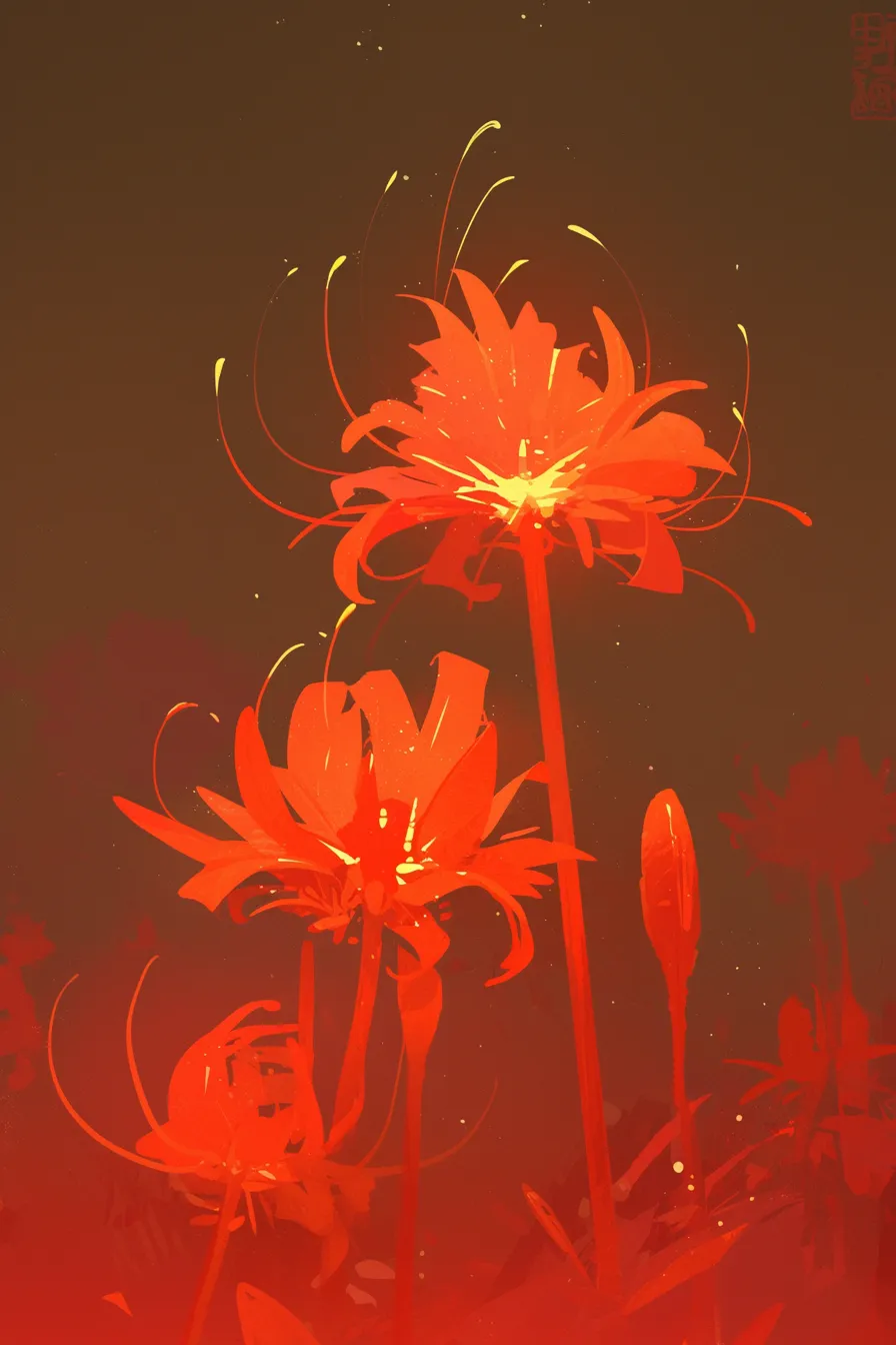 光を帯びる幻想的な彼岸花の絵｜光の粒子と赤花の組み合わせが幻想的な彼岸花の絵は、ミステリアスな雰囲気を演出し、芸術的な広報に適しています。