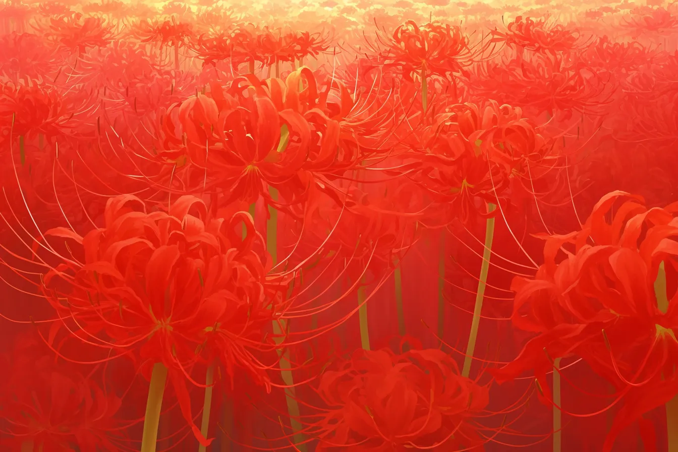 光に照らされた群生の彼岸花の絵｜暖かな光を背景に描かれた彼岸花の絵は、柔らかさと鮮烈さを兼ね備え、自然や季節を伝える広告に効果的です。